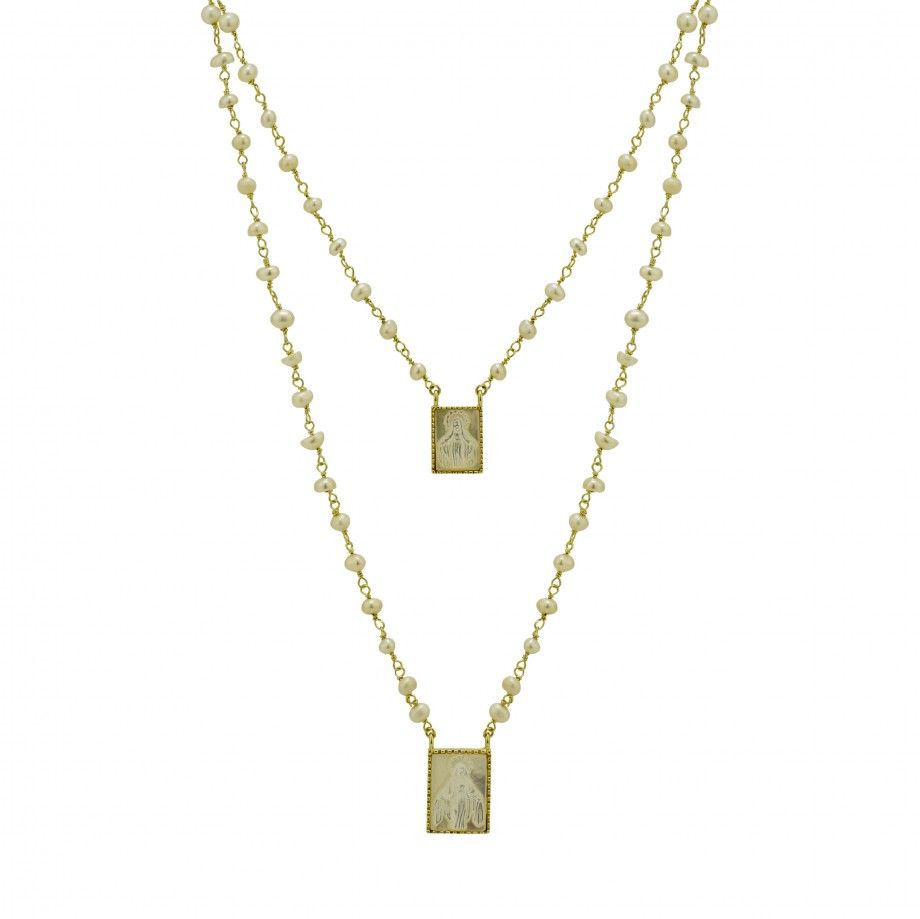 Colar Escapulário com Pérolas para Mulher | Prata Banhada a Ouro | Topázio