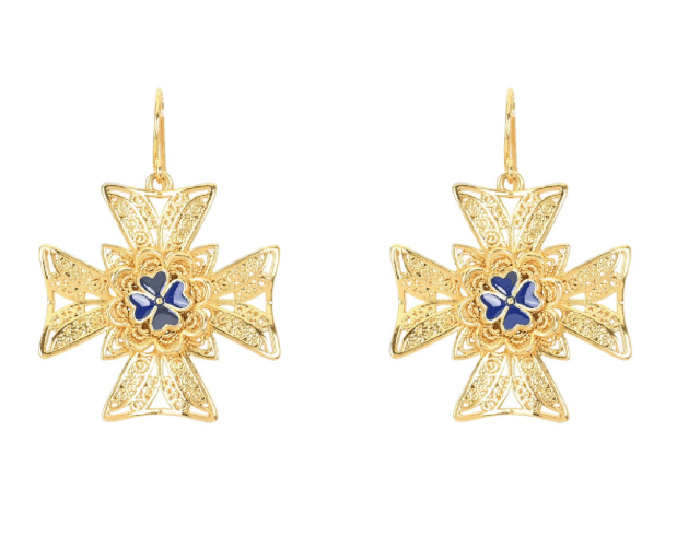 Brincos Cruz de Malta Azul | Aço Inoxidável Banho Ouro | Alma de Portugal