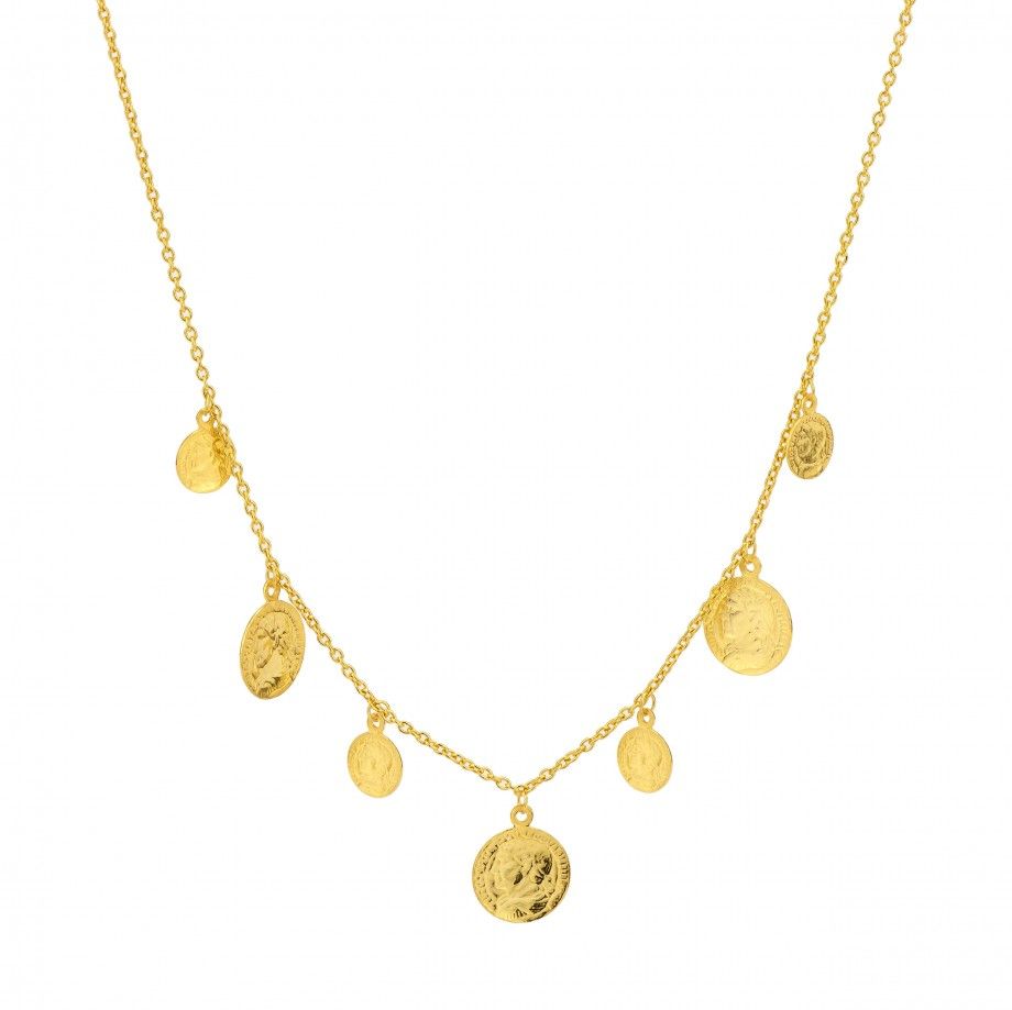 colar moneda feminino Carmo Joalheiros em ouro com várias moedas pendentes e corrente fina para uso diário