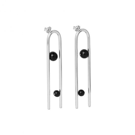 Carmo Joalheiros brinco clip moderno prata alongado com duas esferas negras design minimalista e elegante