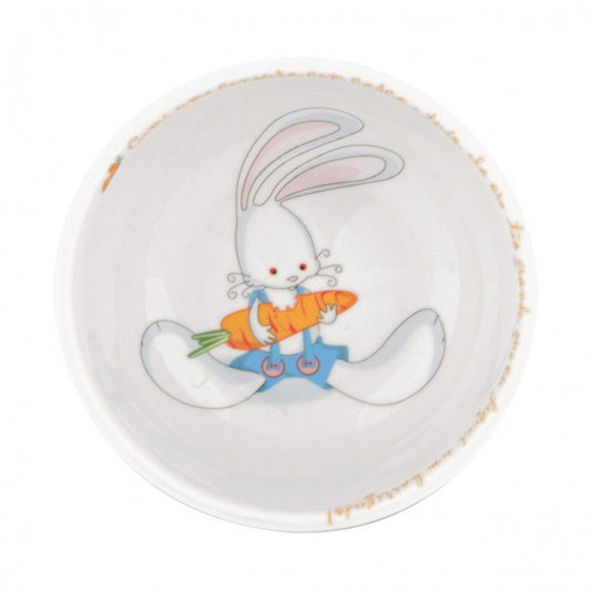 taça de porcelana coelhinho da Topázio 1874 tigela infantil branca com ilustração de coelho segurando cenoura