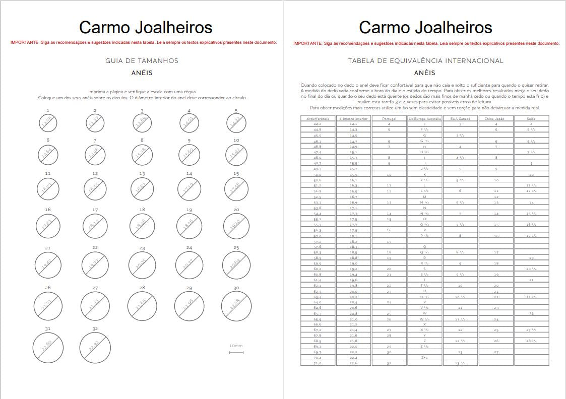 Documento Carmo Joalheiros mostrando guia de tamanhos e tabela de equivalencia internacional para anel de pérola feminina