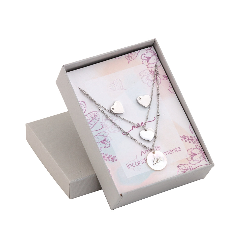 conjunto mãe aço em estojo cinza com colar duplo de corações e pendente gravado ideal presente mãe