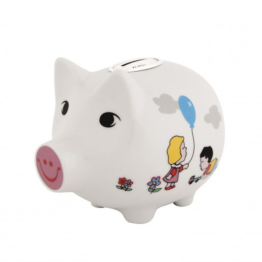 Topázio 1874 mealheiro porquinho infantil branco em cerâmica com desenho de crianças e balão