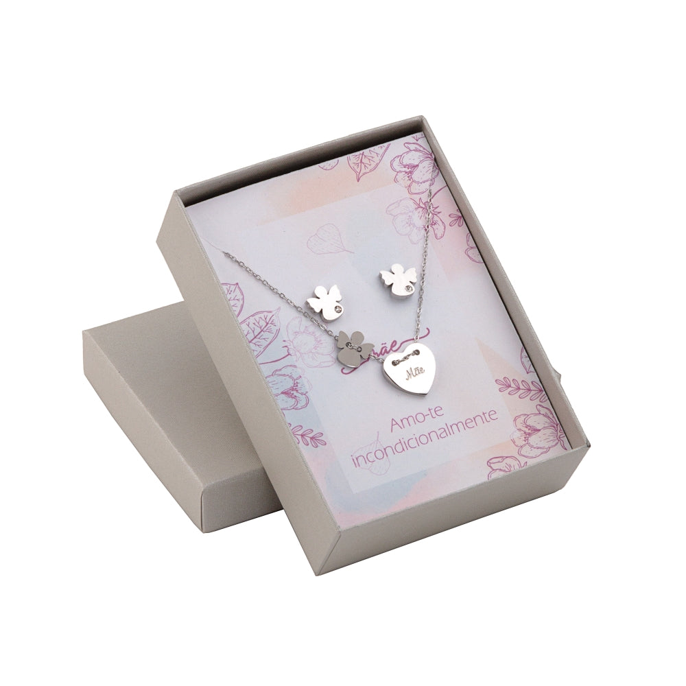 Carmo Joalheiros conjunto mãe aço colar com pingente coração gravado Mãe e brincos em caixa de presente