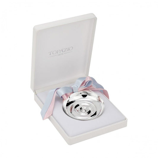 concha de batismo prata topázio em caixa branca Topázio 1874 com fitas azul e rosa para recordação