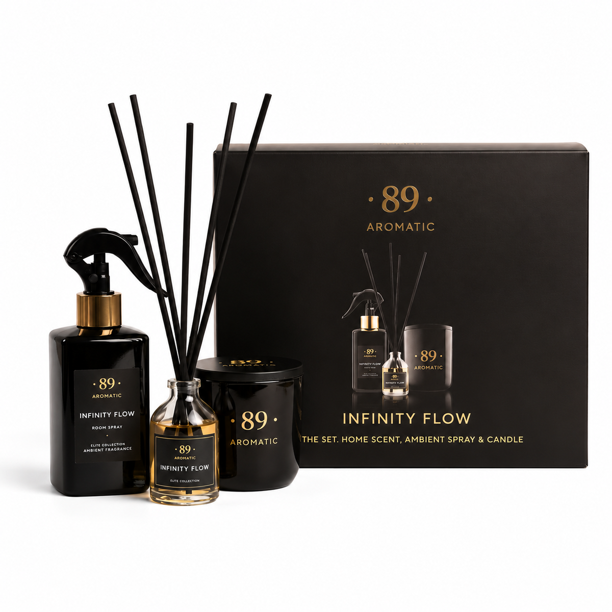 Conjunto 3 peças AROMATIC•89• Infinity Flow com difusor, spray e vela