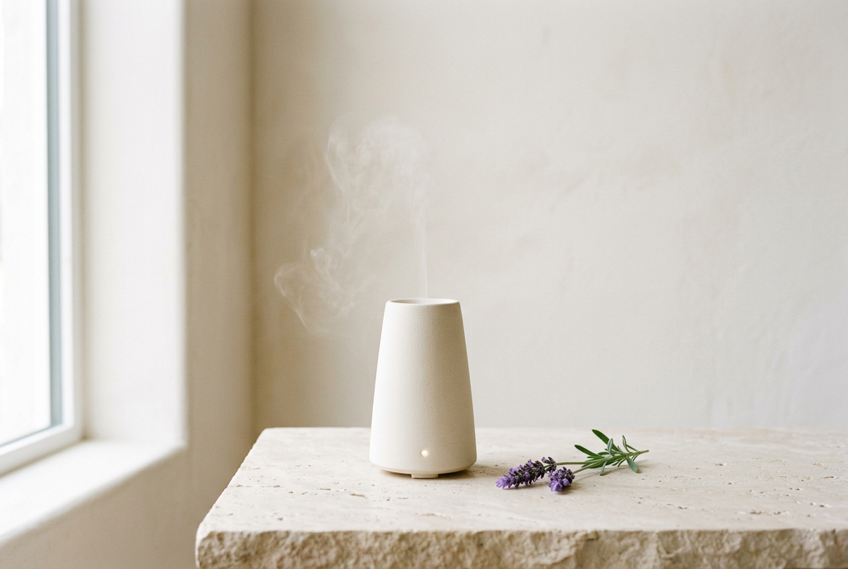 Difusor de cerâmica claro com um ramo de lavanda, numa composição minimalista de aromaterapia.