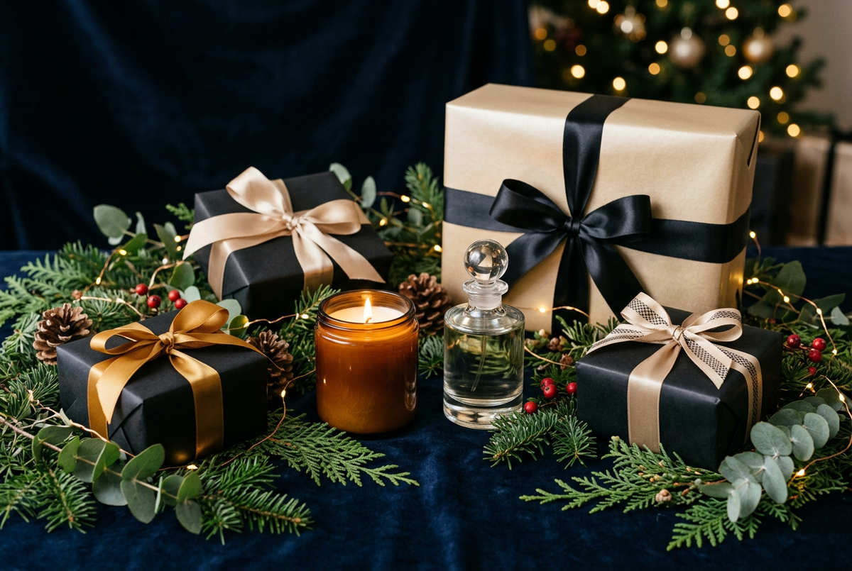 Composição natalícia com caixas de presentes em preto e dourado, vela e frasco de perfume.