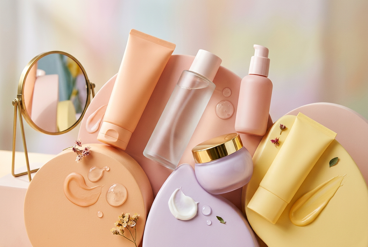Composição divertida de embalagens de skincare em tons pastel, com pedestais arredondados e texturas de creme e gel.