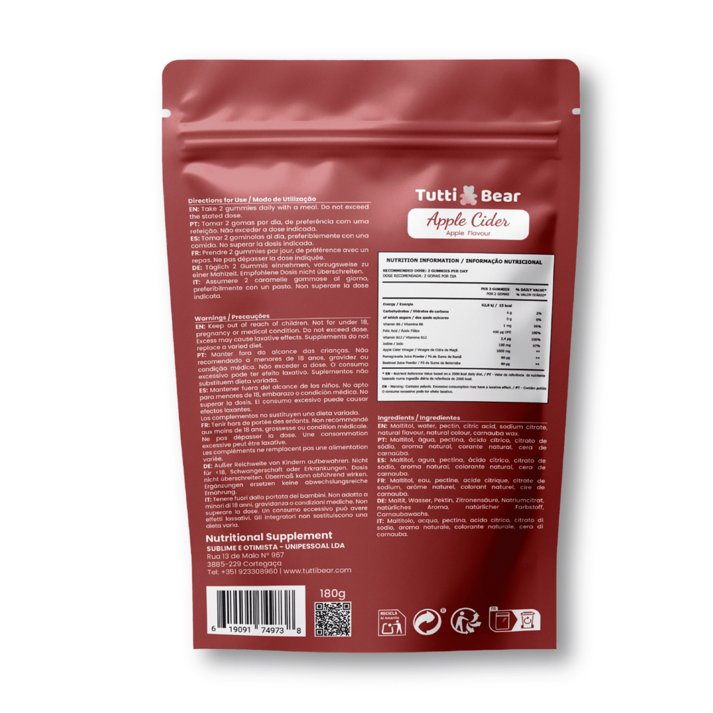 TUTTI BEAR Gomas de Vinagre de Maçã – Maçã | 60 Gummies