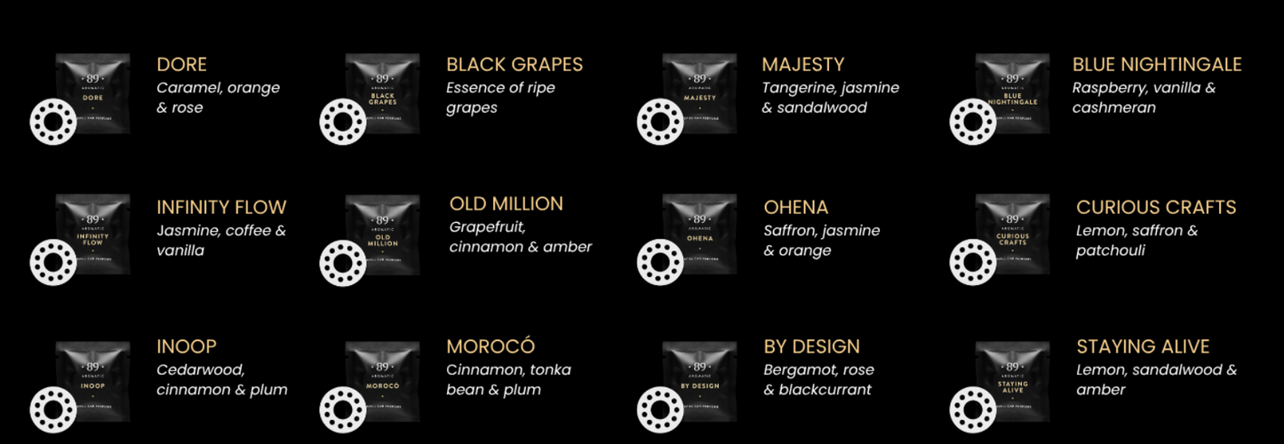 Car Air Freshener Clip Set AROMATIC•89• | 1 Clip + 12 Premium Fragrance Aromas