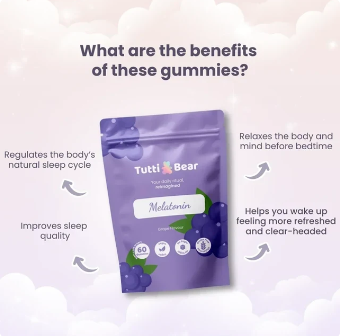 TUTTI BEAR Gomas Melatonina para Dormir Bem – Uva | 60 Gummies