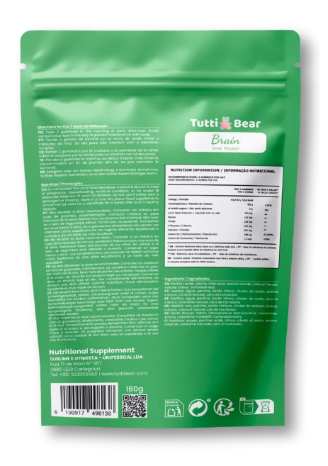Gomas Brain com Juba de Leão, Bacopa e Ginkgo, Sabor Lima – 60 Gomas | TUTTI BEAR