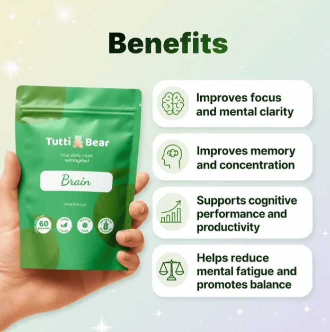 Gomas Brain com Juba de Leão, Bacopa e Ginkgo, Sabor Lima – 60 Gomas | TUTTI BEAR