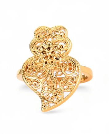 Anel Coração de Viana com Flor | Aço Inoxidável Dourado | Alma de Portugal