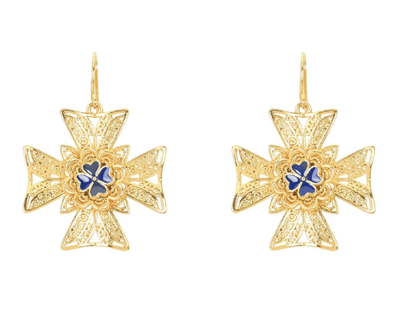 Brincos Cruz de Malta Azul | Aço Inoxidável Banho Ouro | Alma de Portugal