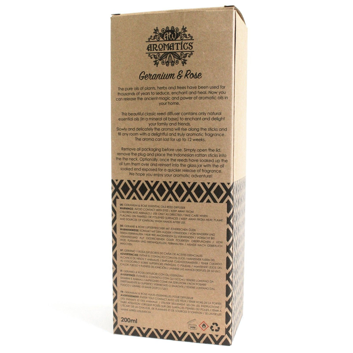Difusor de Varetas com Óleos Essenciais Gerânio e Rosa – 200 ml | Ancient Wisdom