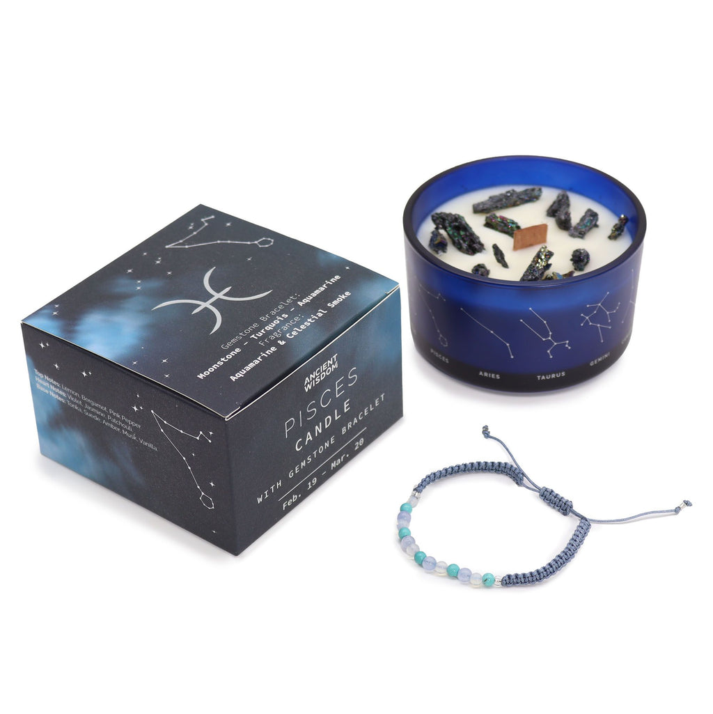 Vela do Zodíaco Peixes com Cristais e Pulseira de Pedras | Ancient Wisdom
