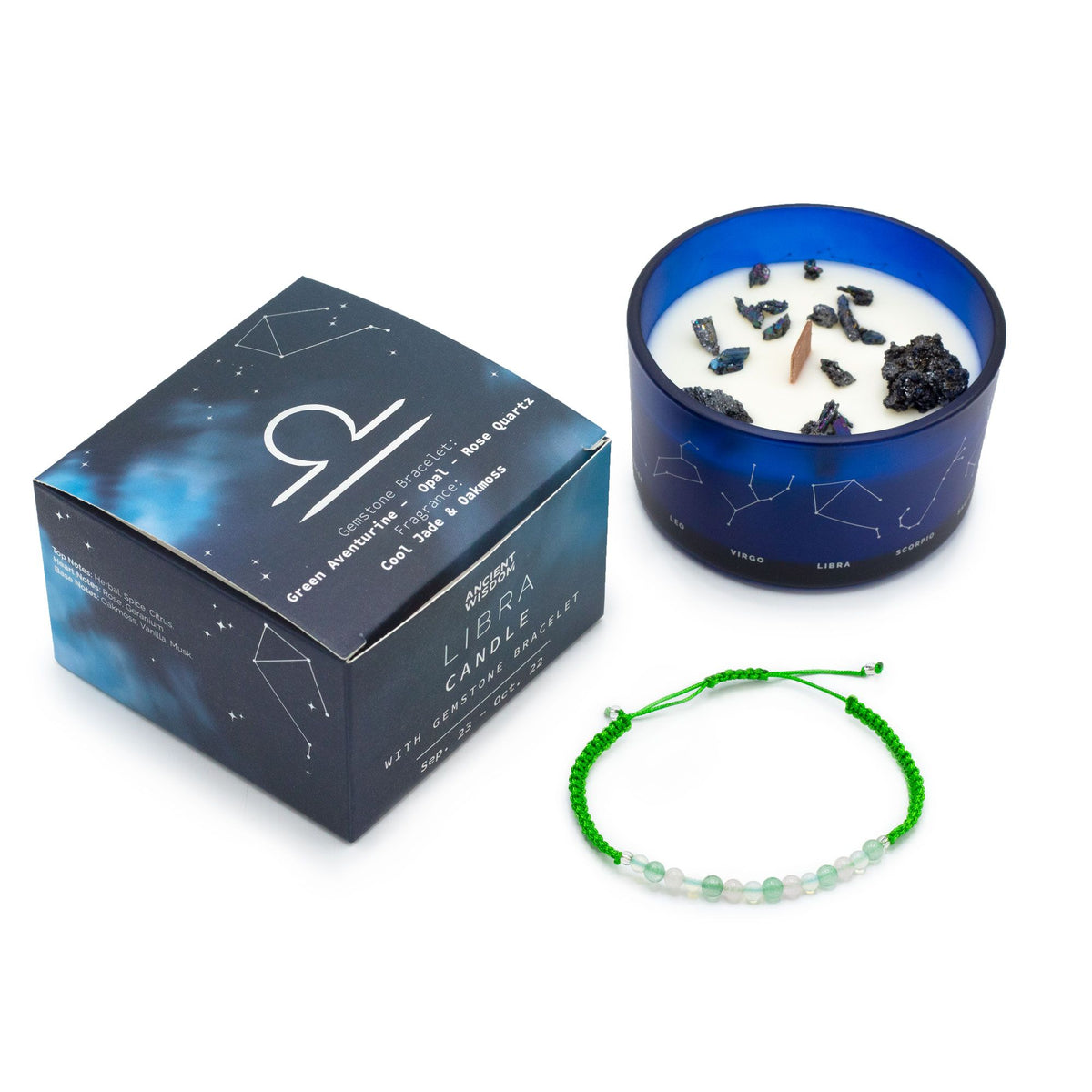 Vela do Zodíaco Balança com Cristais e Pulseira de Pedras | Ancient Wisdom