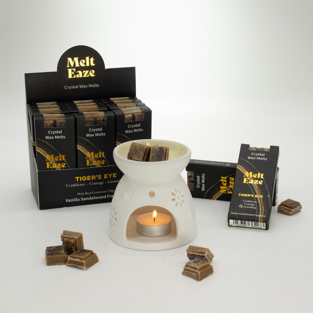Cera Perfumada MeltEaze com Olho de Tigre – Baunilha e Sândalo, 50 g | Ancient Wisdom