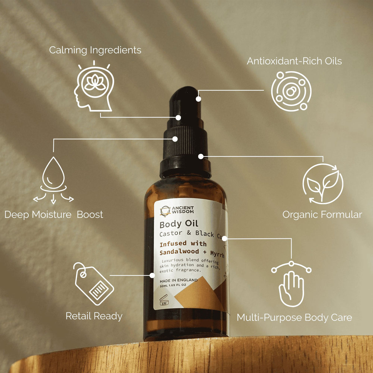 ANCIENT WISDOM - Óleo Corporal Orgânico de Sândalo e Mirra 50 ml
