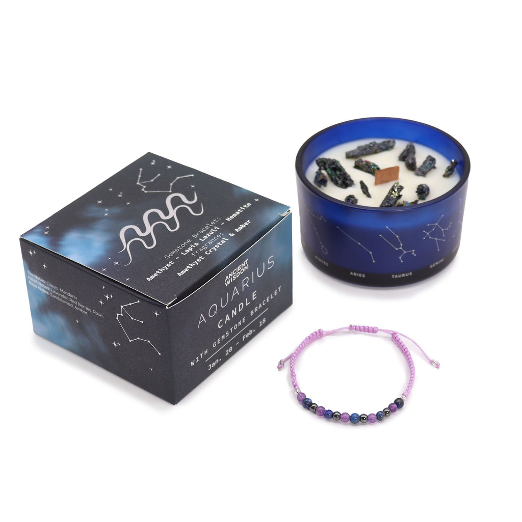 Vela do Zodíaco Aquário com Cristais e Pulseira de Pedras | Ancient Wisdom
