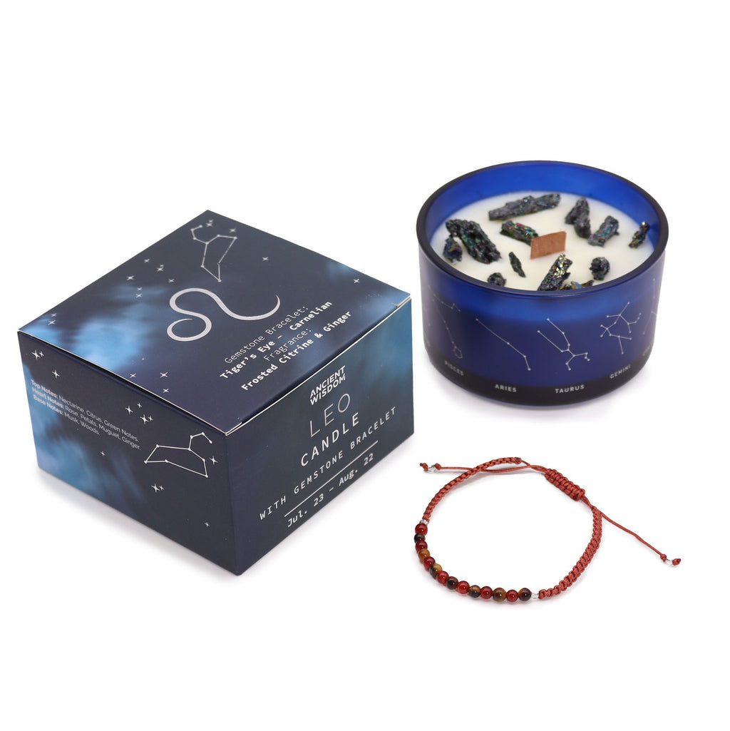 Vela do Zodíaco Leão com Cristais e Pulseira de Pedras | Ancient Wisdom