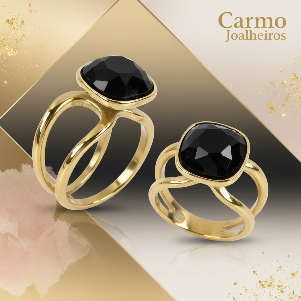 Banner Anel de Aço com Pedra Preta Banho Dourado