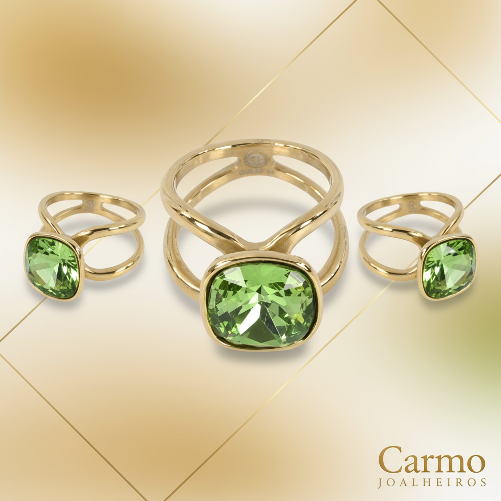 Banner Anel de Aço com Pedra Verde - Banho Dourado