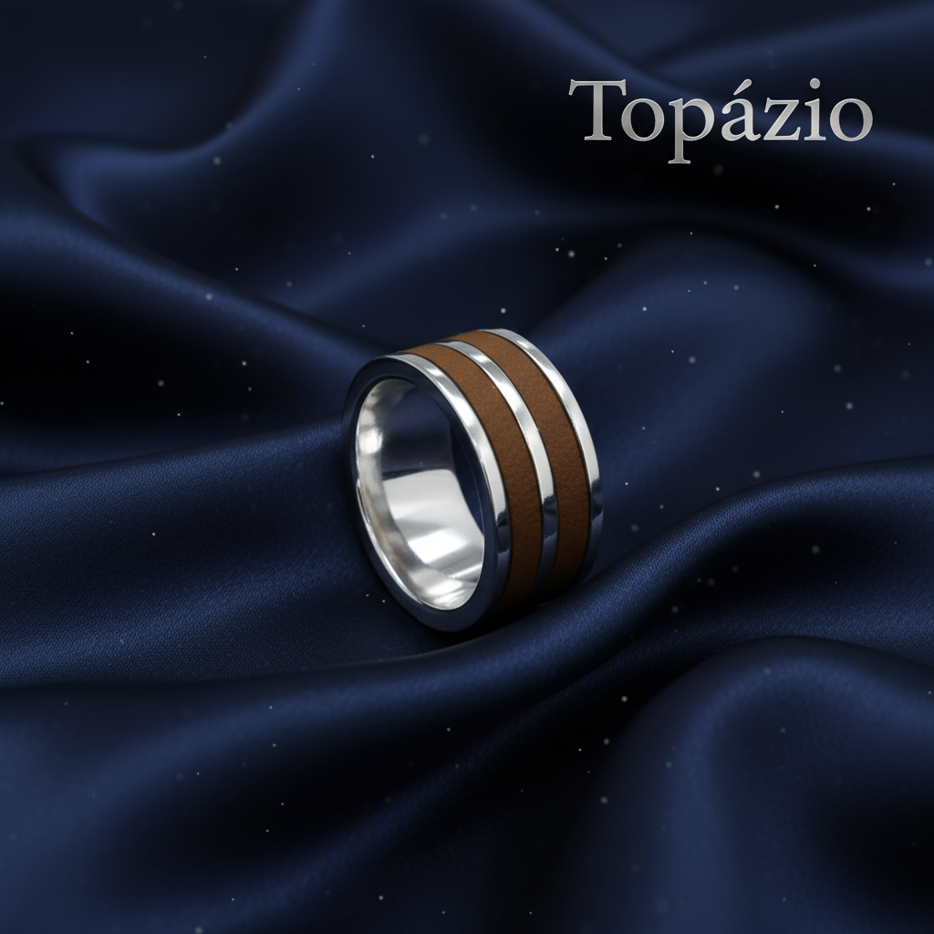 Banner Anel Masculino Prata Couro Marrom Topázio