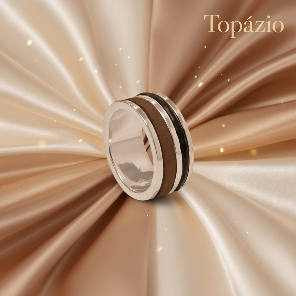 Banner Anel Masculino Prata Couro Topázio