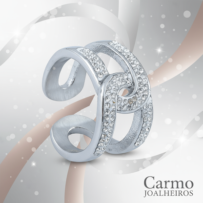 Banner Anel Nó com Brilhantes Prateado Ajustável