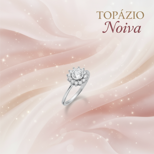 Banner anel solitário feminino prata com halo - Noiva - Topázio