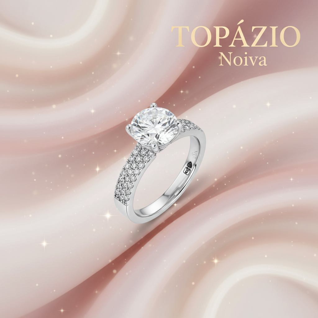 Banner anel solitário feminino prata cravejado - Noiva - Topázio