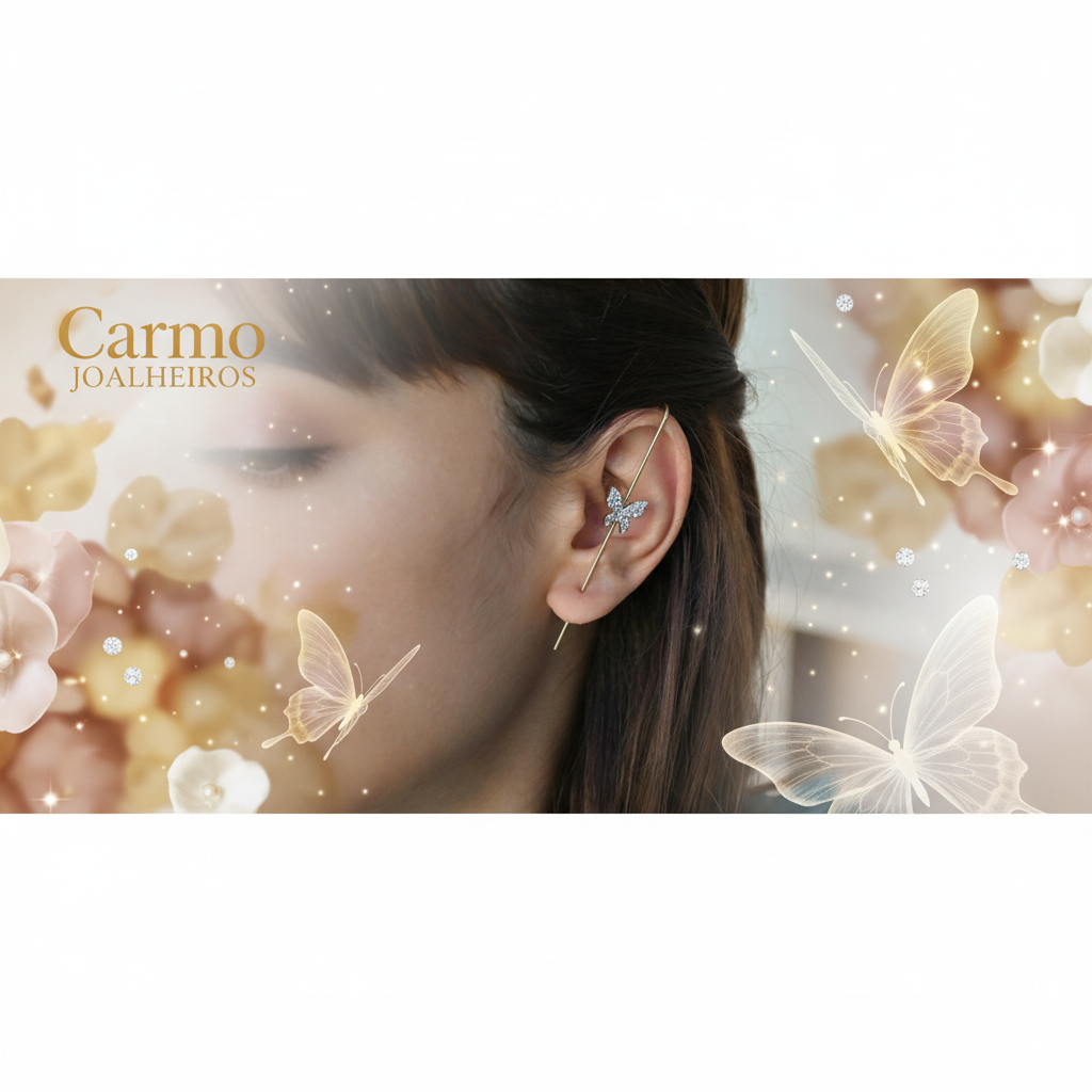 Banner Brinco Ear Cuff Borboleta Ouro Cristais
