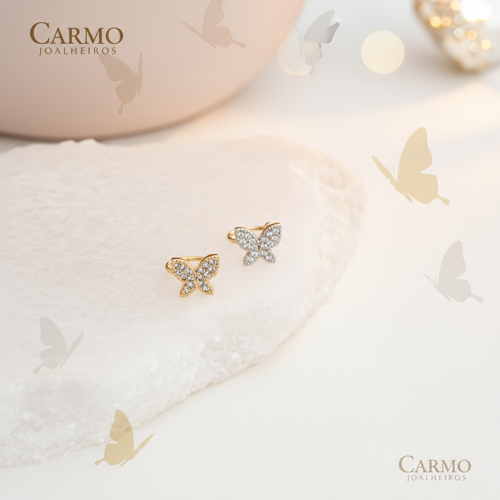 Banner Brincos Ear Cuff Borboleta Aço com Cristais