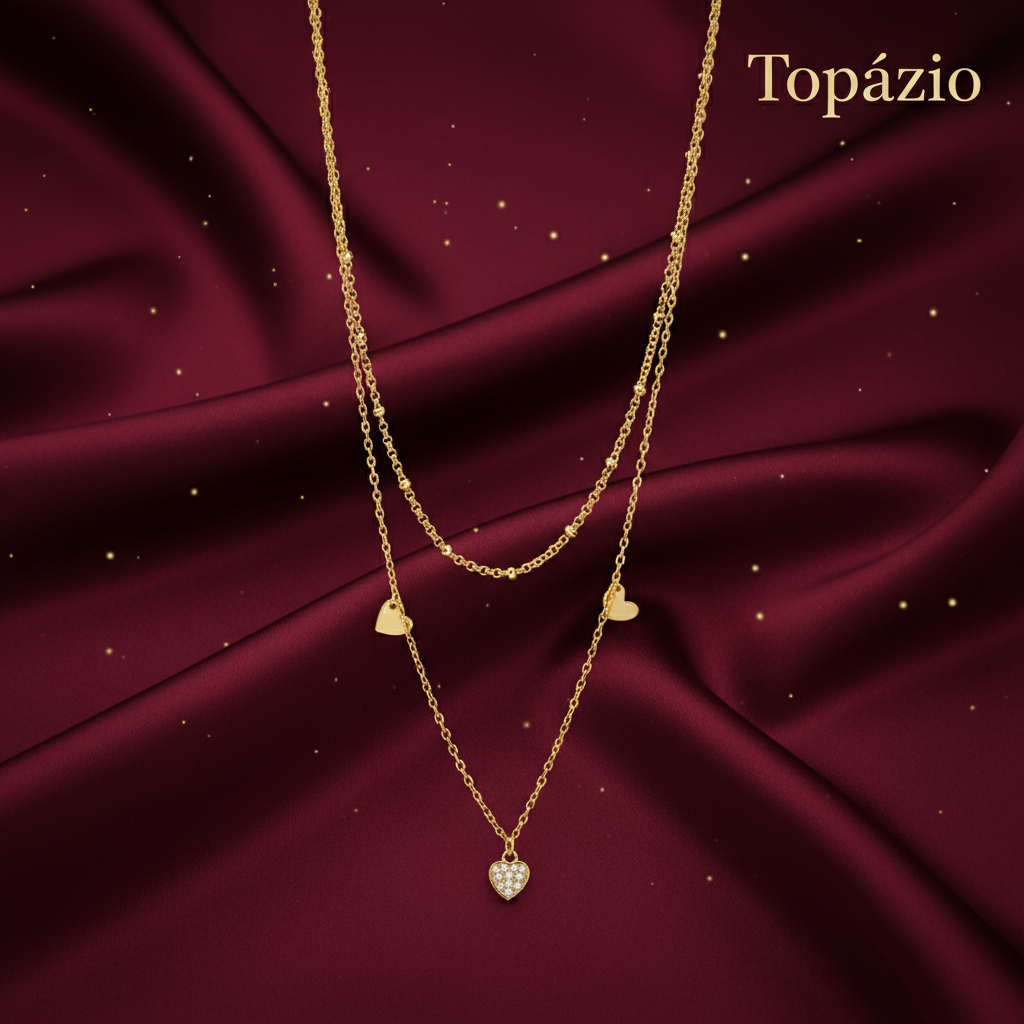 Banner Colar Duplo Corações - Dourado - Topázio