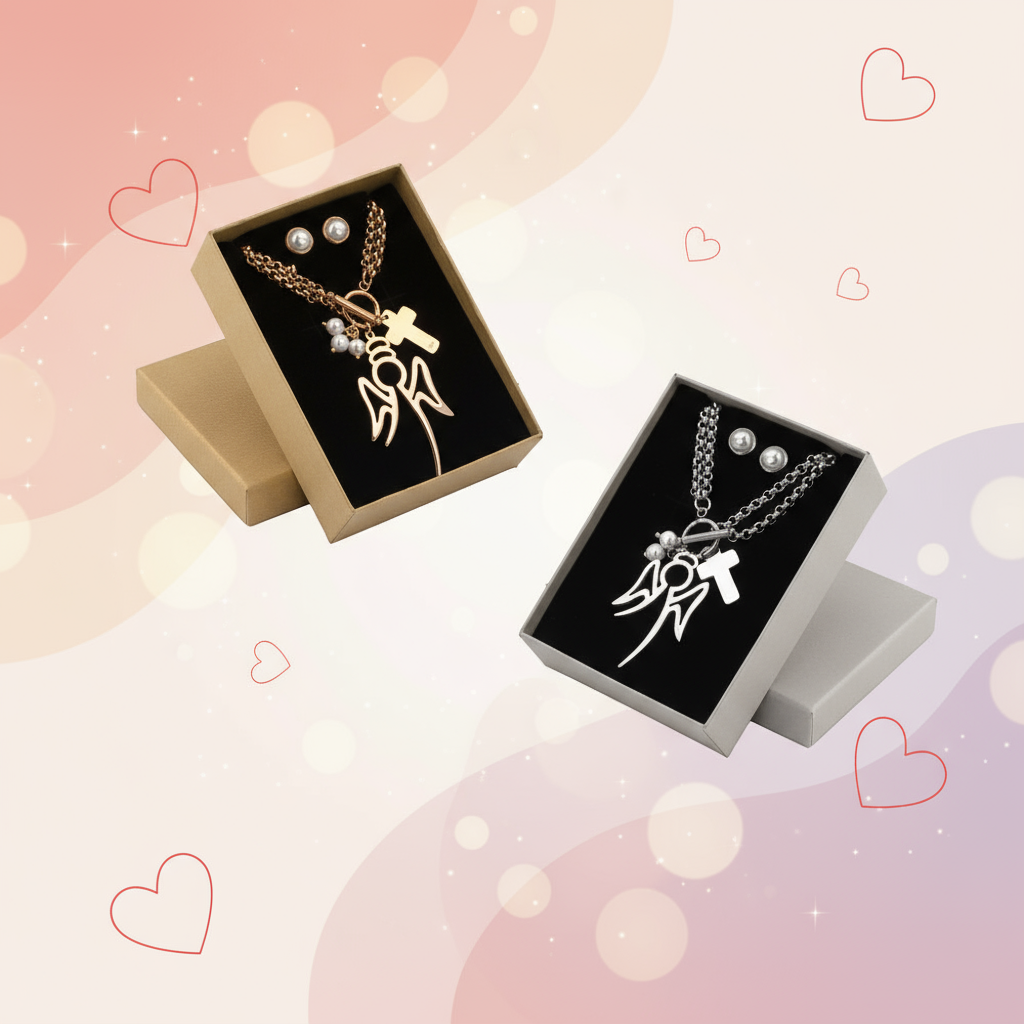 Banner Conjunto de 2 jóias em aço - Anjo e Cruz