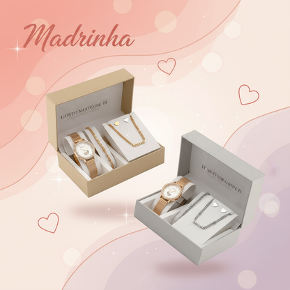 Banner Conjunto de jóias em aço - Gosto Muito de Ti - Madrinha