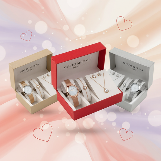 Banner Conjunto de jóias em aço - Gosto Muito de Ti - Pérolas sem texto