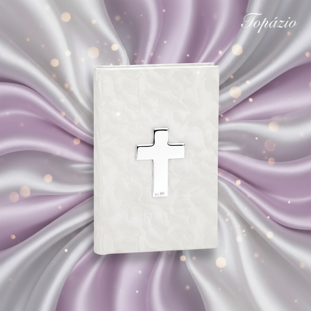 Banner Missal Cruz Prata Capa Branca Perolada Topázio
