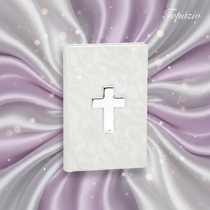 Banner Missal Cruz Prata Capa Branca Perolada Topázio