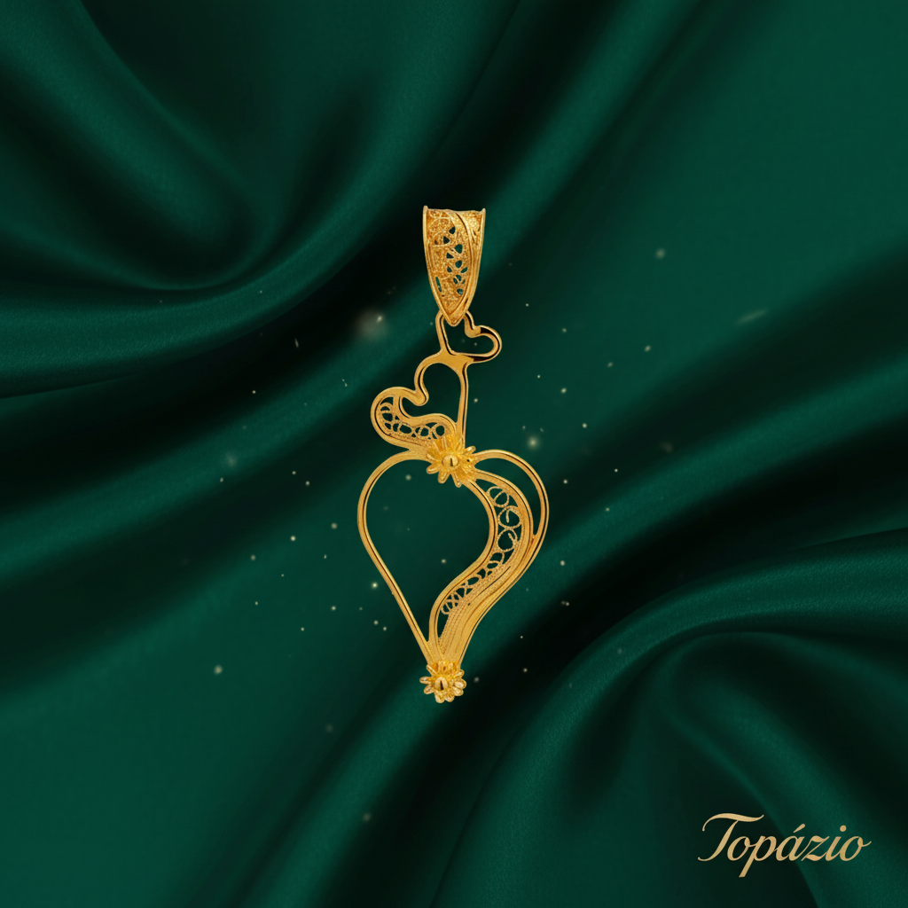 Banner Pendente Filigrana Dourado Coração Topázio - Verde