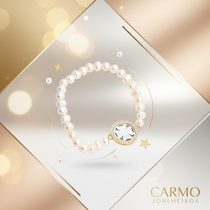 Banner Pulseira Aço Pérolas Medalha Dourada