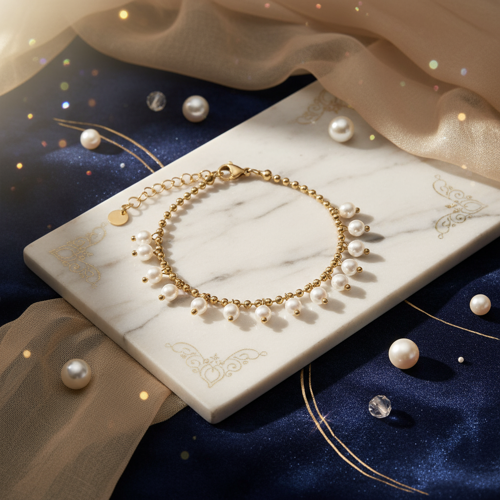 Banner Pulseira em aço com pendentes pérolas