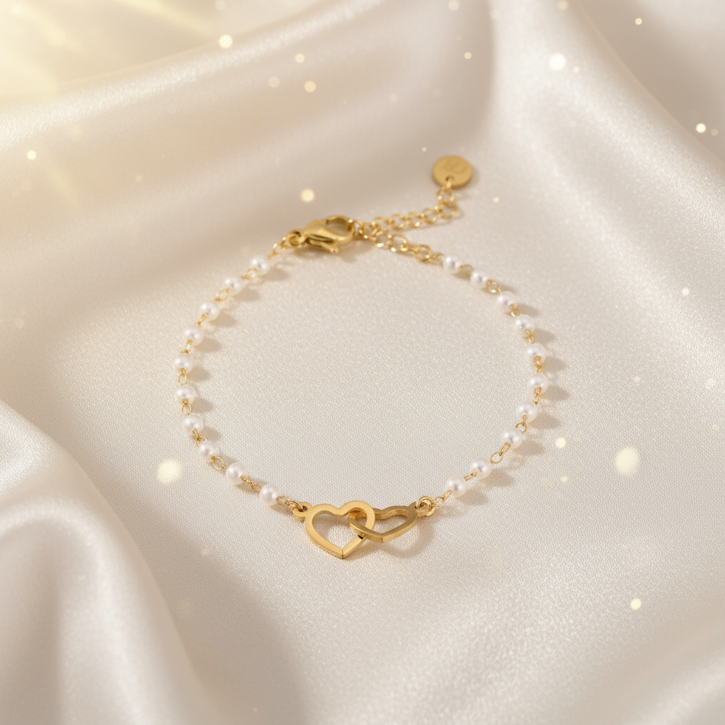 Banner Pulseira em aço pérolas e corações