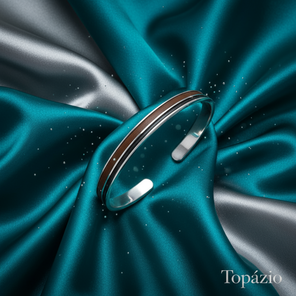 Banner Pulseira Masculina Prata Couro Marrom Topázio