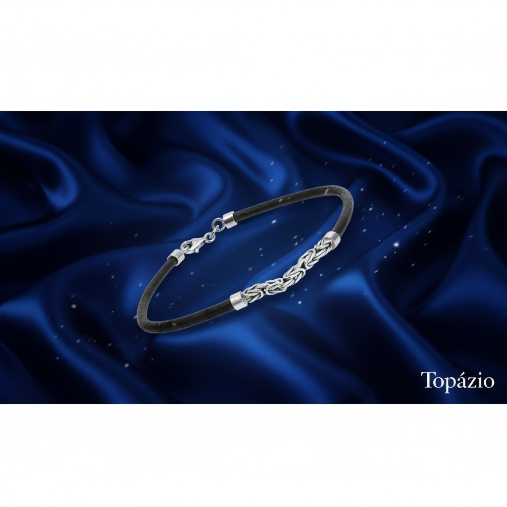 Banner Pulseira Masculina Prata Couro Preto Topázio