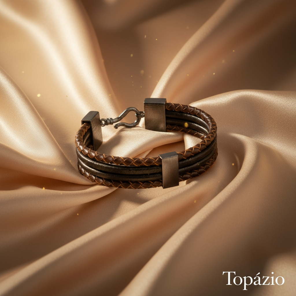 Banner Pulseira Prata Couro Trançado Topázio